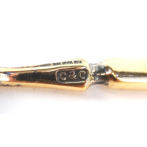 3736 - Cohen & Charles, a set of six silver gilt and enamel coffee spoons hand painted with fruit, Birmingh... 