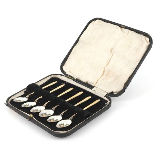 3736 - Cohen & Charles, a set of six silver gilt and enamel coffee spoons hand painted with fruit, Birmingh... 