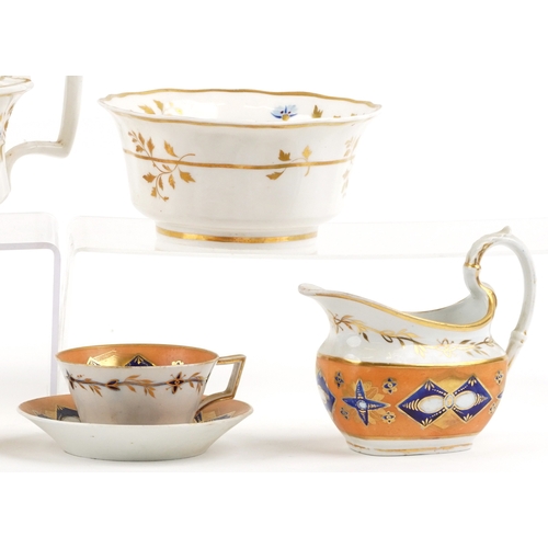 428 - 19th century English porcelain including a teacup, coffee cup, saucer and milk jug with hand painted... 