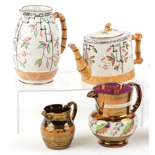 670 - Victorian teaware including Brownhills bamboo design teapot and jugs together with copper coloured l... 
