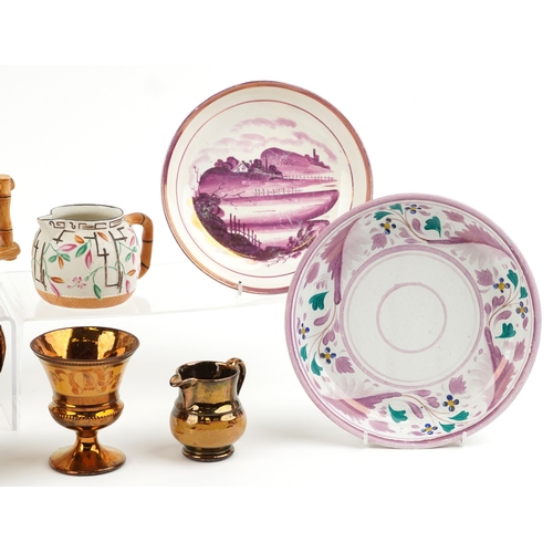 670 - Victorian teaware including Brownhills bamboo design teapot and jugs together with copper coloured l... 