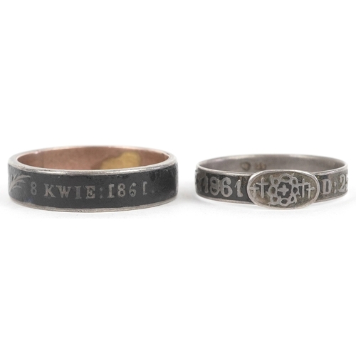 Two black enamel 1861 Patriotic Polish mourning rings in remembrance of 1861 Warsaw Massacre, size R and T.