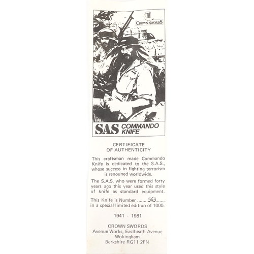 2842 - A limited edition SAS Commando knife by Crown Swords with certificate of authenticity numbered 563/1... 