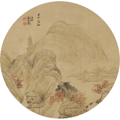 1889 - A Chinese watercolour on silk buildings before a mountainous landscape bearing script and character ... 