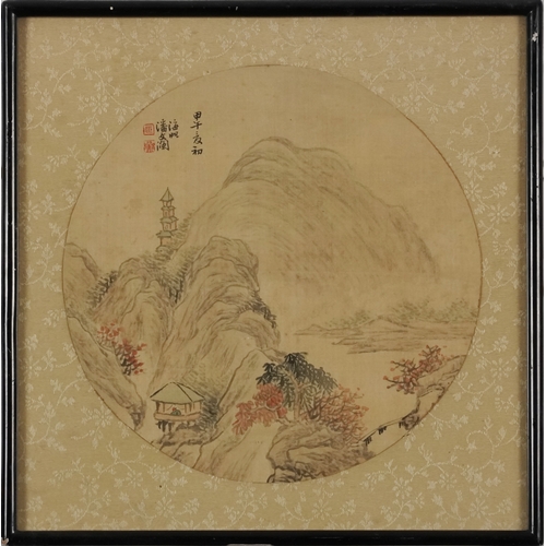 1889 - A Chinese watercolour on silk buildings before a mountainous landscape bearing script and character ... 