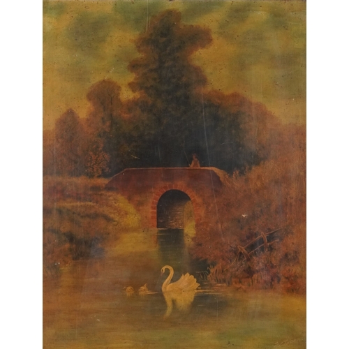 2494 - J. Thomas - Swan and goslings on a lake, 19th century British school oil on canvas, indistinctly sig... 