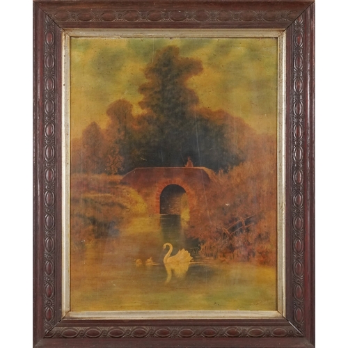 2494 - J. Thomas - Swan and goslings on a lake, 19th century British school oil on canvas, indistinctly sig... 