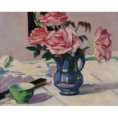 2395 - After F. C. B. Cadell - Pink roses, 20th century continental school oil on board within a silvered f... 
