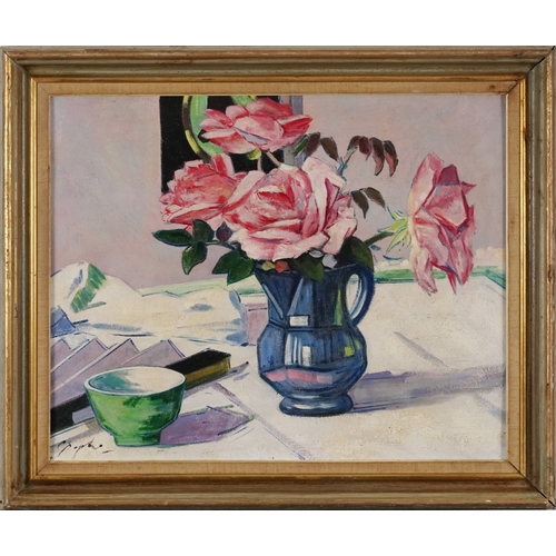 2395 - After F. C. B. Cadell - Pink roses, 20th century continental school oil on board within a silvered f... 