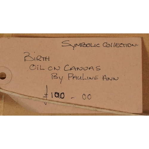 2393 - Pauline Ann - Birth, 20th century oil on canvas within a painted frame, 44cm x 33cm.