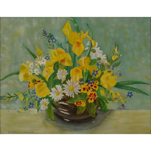 2452 - J. Murdoch - Still life bowl of flowers, late 20th century British school oil on canvas board, frame... 