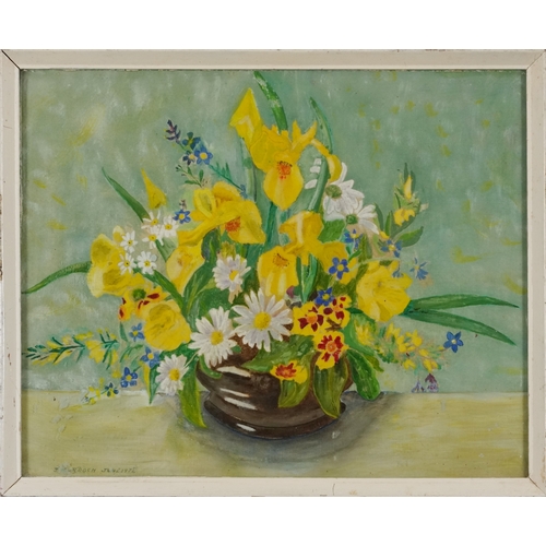 2452 - J. Murdoch - Still life bowl of flowers, late 20th century British school oil on canvas board, frame... 