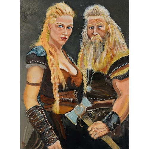 2568 - Clive Fredriksson - Male and female Viking warriors, Modern British school oil on canvas, unframed, ... 