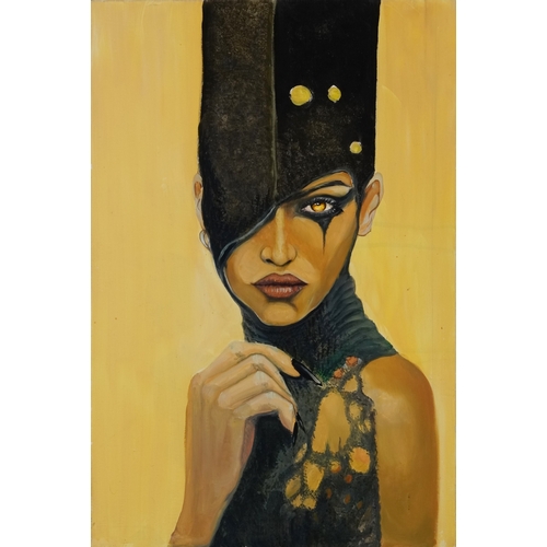 2570 - Clive Fredriksson - Half length female study, Modern British school oil on canvas, unframed, 76cm x ... 