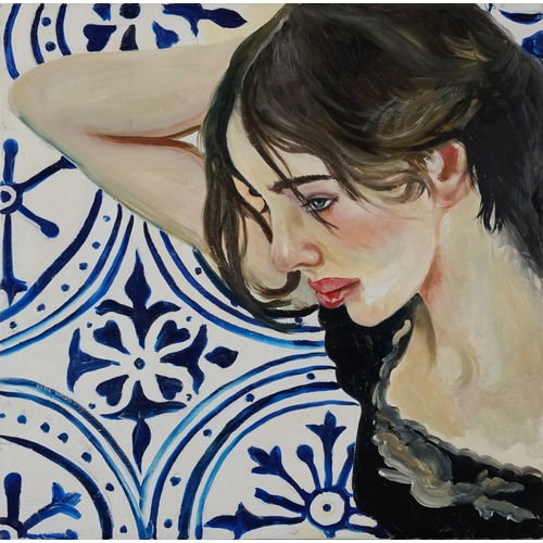 2543 - Clive Fredriksson - Portrait of a female lying on blue and white tiles, Modern British school oil on... 