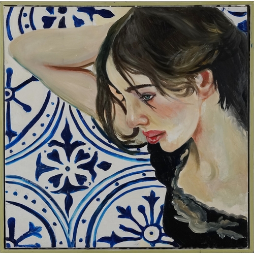 2543 - Clive Fredriksson - Portrait of a female lying on blue and white tiles, Modern British school oil on... 