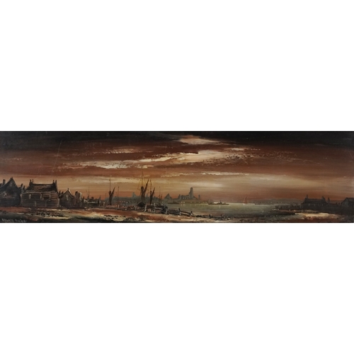 2266 - Edward Elliot - Panoramic harbour view, 20th century oil on board, within a white frame, 32cm x 121c... 