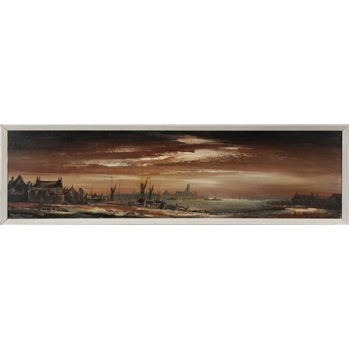 2266 - Edward Elliot - Panoramic harbour view, 20th century oil on board, within a white frame, 32cm x 121c... 