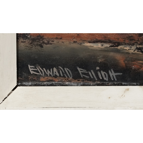 2266 - Edward Elliot - Panoramic harbour view, 20th century oil on board, within a white frame, 32cm x 121c... 