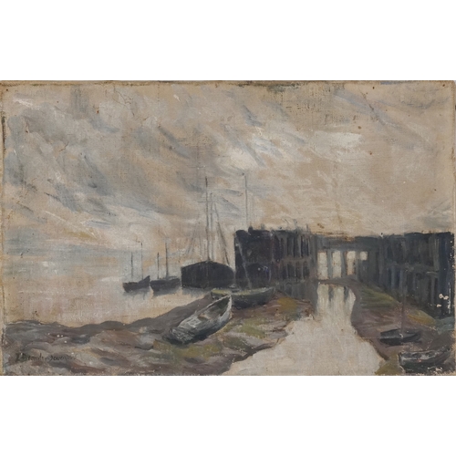 2454 - Boatyard, early 20th century British school oil on canvas, indistinctly signed, unframed, 26cm x 41c... 