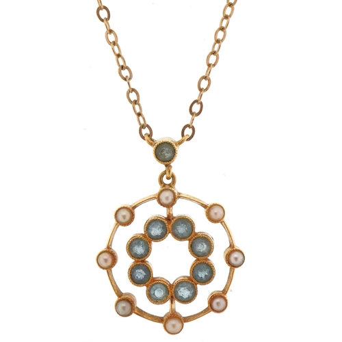 3048 - An Edwardian 15ct gold blue stone and seed pearl openwork pendant on a 9ct gold necklace, 2.4cm high... 
