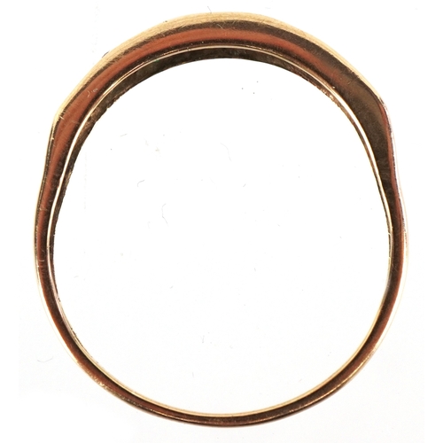 3279 - A 9ct gold diamond and green stone half eternity ring, size S, 1.6g.