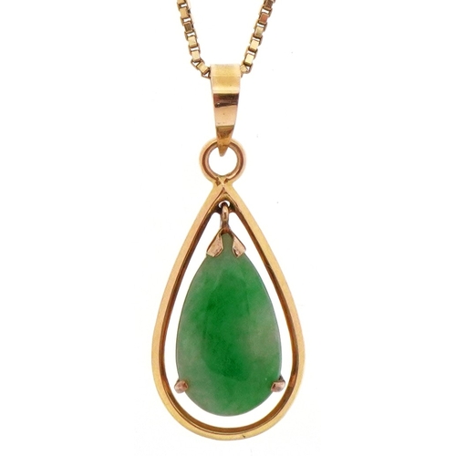 3169 - A 14ct gold green stone pendant, tests as jade, on a 14ct gold necklace, 1.4cm high and 40cm in leng... 