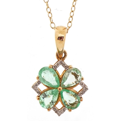 3073 - A 10K gold emerald and diamond cluster pendant on a 9ct gold necklace, 1.4cm high and 40cm in length... 