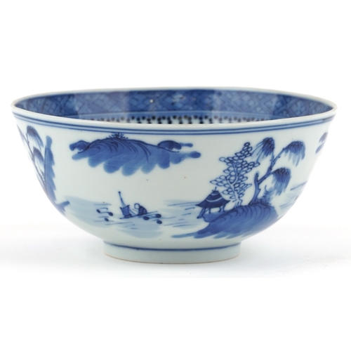 138 - A Chinese blue and white porcelain bowl hand painted with pavilions and figures, character marks to ... 
