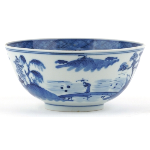 138 - A Chinese blue and white porcelain bowl hand painted with pavilions and figures, character marks to ... 