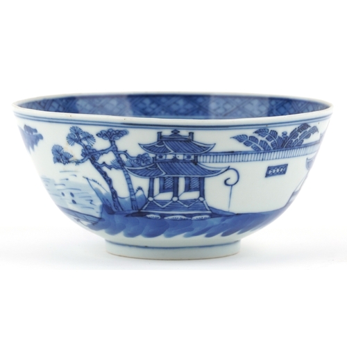 138 - A Chinese blue and white porcelain bowl hand painted with pavilions and figures, character marks to ... 