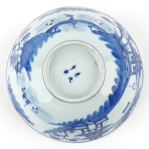 138 - A Chinese blue and white porcelain bowl hand painted with pavilions and figures, character marks to ... 