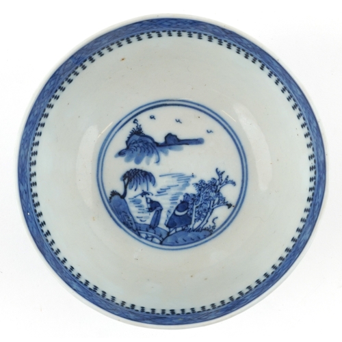 138 - A Chinese blue and white porcelain bowl hand painted with pavilions and figures, character marks to ... 