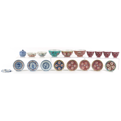 557 - A collection of Chinese porcelain including rice bowls, tea bowls and saucers, each with hand painte... 