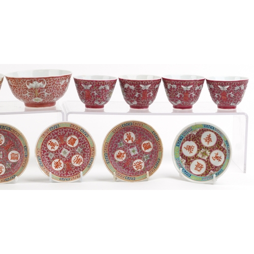 557 - A collection of Chinese porcelain including rice bowls, tea bowls and saucers, each with hand painte... 