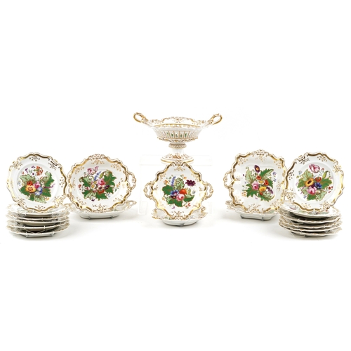 433 - A 19th century porcelain fruit service including a footed compote bowl and plates with hand painted ... 