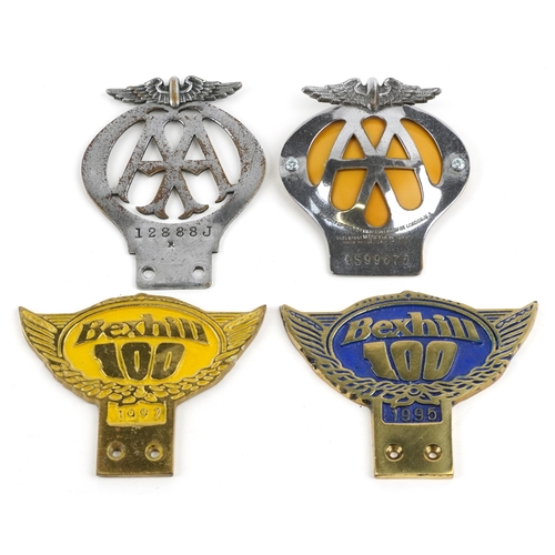 1362 - Four motoring interest car radiator badges comprising Bexhill 100 1995, Bexhill 100 1997 and two AA ... 