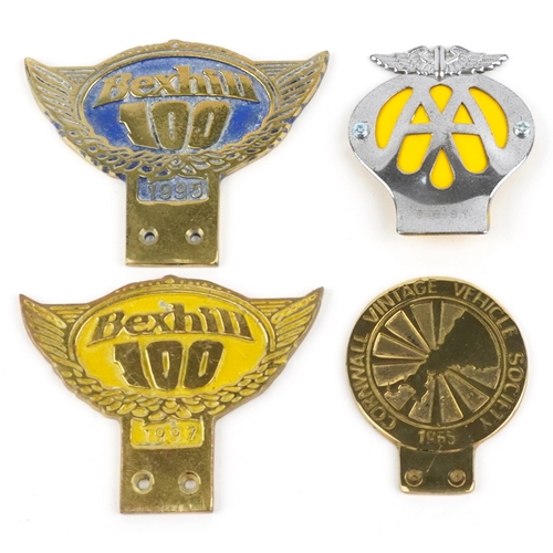 1360 - Four motoring interest car radiator badges comprising Bexhill 100 1995, Bexhill 100 1997, Cornwall V... 