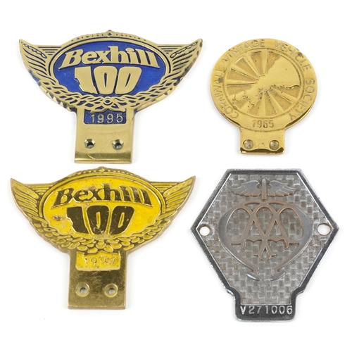 1359 - Four motoring interest car radiator badges comprising Bexhill 100 1995, Bexhill 100 1997, Cornwall V... 