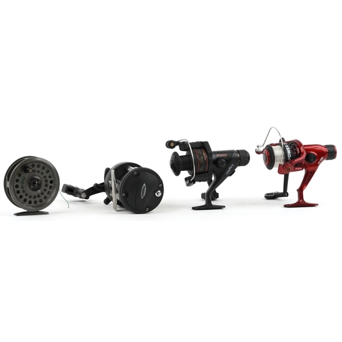 1373 - Four vintage fishing reels including Intrepid Rimfly Regular and Fladen Chieftain 30.