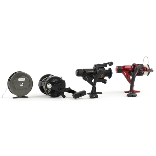 1373 - Four vintage fishing reels including Intrepid Rimfly Regular and Fladen Chieftain 30.