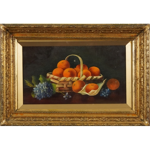 2532 - T. Brian- Still life basket of oranges, 19th century British school oil on canvas within a giltwood ... 