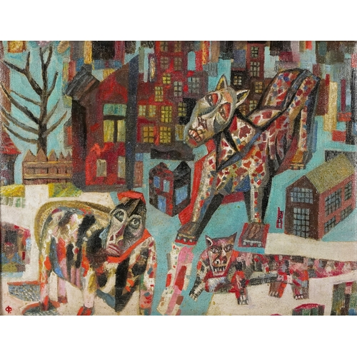 2530 - **WITHDRAWN**After Pavel Zaltsman - Surreal animals, early 20th century Russian school oil on canvas... 