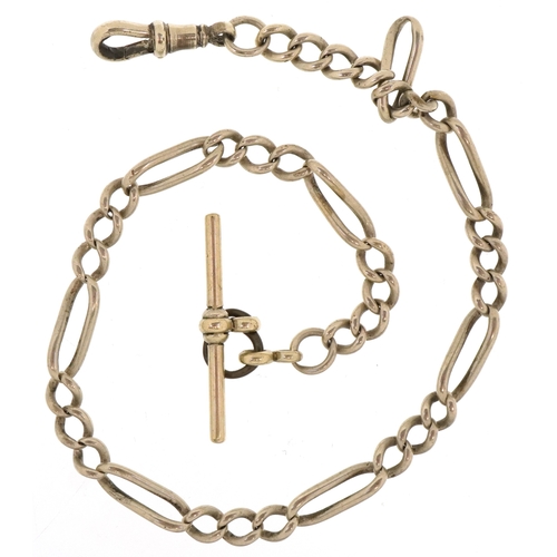 3519 - A white metal Figaro link watch chain with T bar and dog clip clasp, 35cm in length, 21.8g.