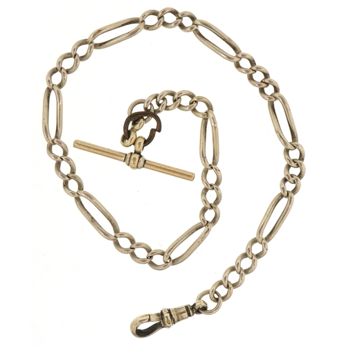 3519 - A white metal Figaro link watch chain with T bar and dog clip clasp, 35cm in length, 21.8g.