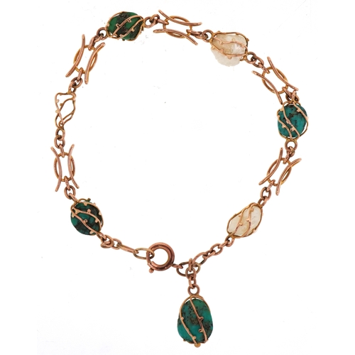 3109 - An unmarked gold turquoise and freshwater pearl bracelet, 19cm in length, 8.4g.