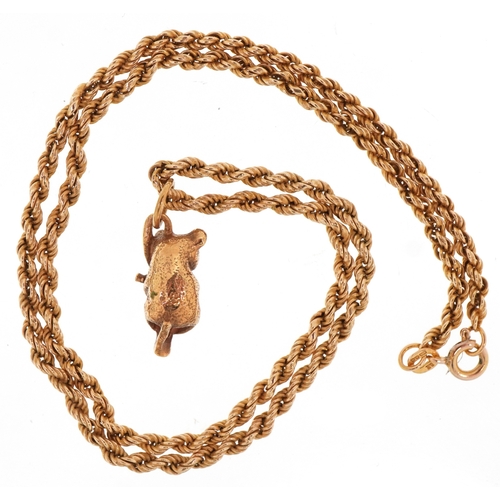 3015 - A 9ct gold koala pendant on a 9ct gold rope twist necklace, 1.9cm high and 44cm in length, total 16.... 