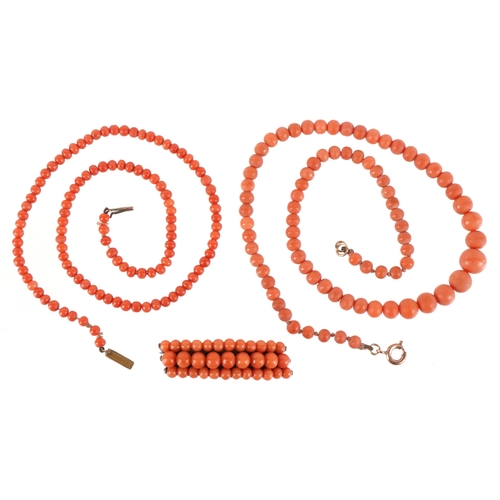 3444 - Coral bead jewellery including a graduated necklace and an 800 grade silver brooch, the largest 38cm... 