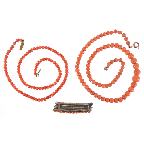 3444 - Coral bead jewellery including a graduated necklace and an 800 grade silver brooch, the largest 38cm... 