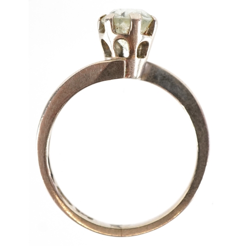A 9ct white gold blue stone solitaire ring, size J, 1.9g.